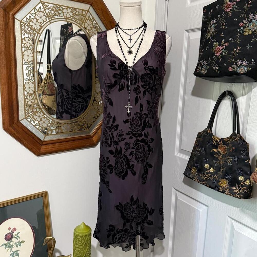 VTG Y2K Robbie Bee Black & Pink/Purple Floral Velvet Burnout Beaded Silk Dress - Picture 3 of 8